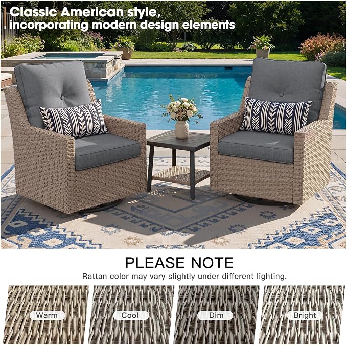 NestNook 3 Piece Patio Furniture Set, Outdoor Furniture Wicker Swivel Chairs Set of 2 with Side Table Rattan Patio Conversation Set for Balcony Deck Backyard and Poolside (Dark Grey)