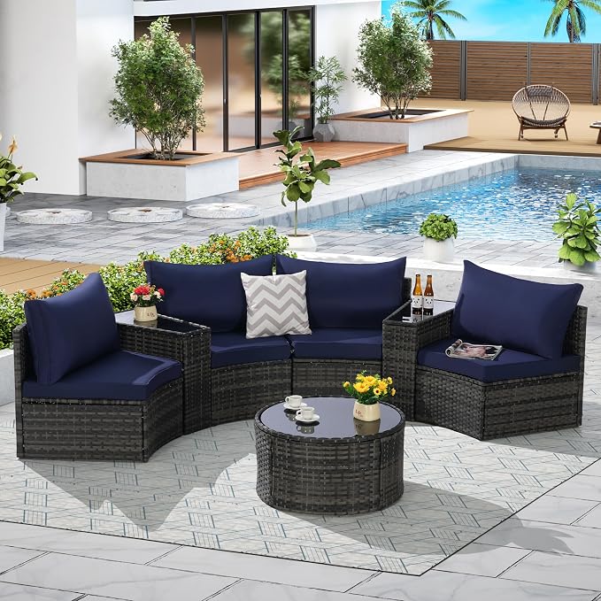 KEIKI 7-Piece Half-Moon Outdoor Patio Furniture Set, Rattan Patio Conversation Set with Coffee Table & 2 Sofa Side Table & 4 Curved Armless Sofa, Wicker Curved Sectional Sofa Set, for Backyard, Blue