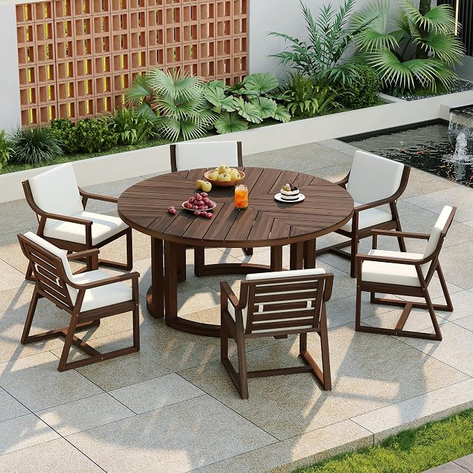 7-Piece Outdoor Patio Dining Set, All-Weather Acacia Wood 59'' Round Dining Table with 1.96" Umbrella Hole and 6 Arm Chairs for Backyard, Balcony, Garden, Poolside (Mocha-2.14)
