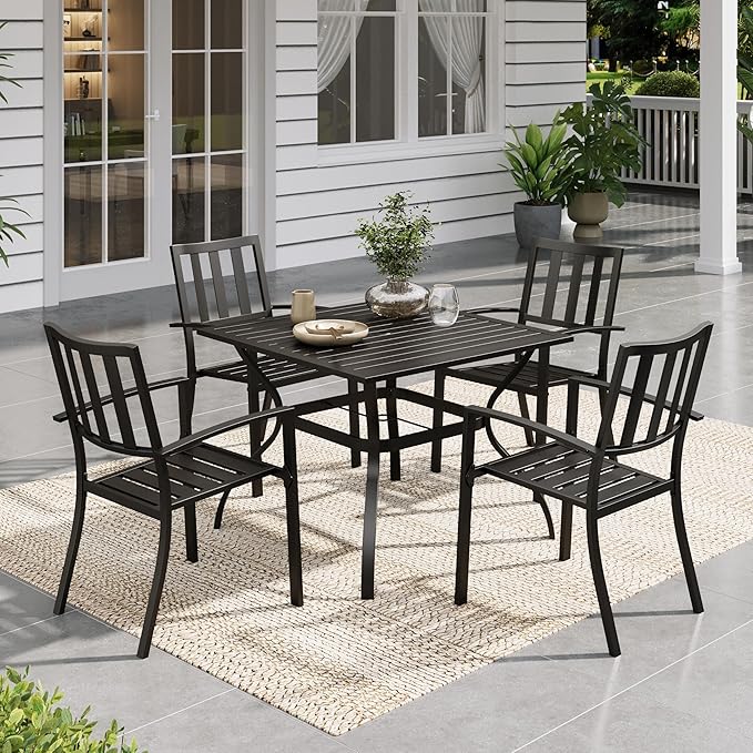 Sophia & William Patio Table and Chairs Set, Outdoor Dining Set for 4, 5 Piece Metal Patio Furniture, 37" Black Square Table(Stripe)