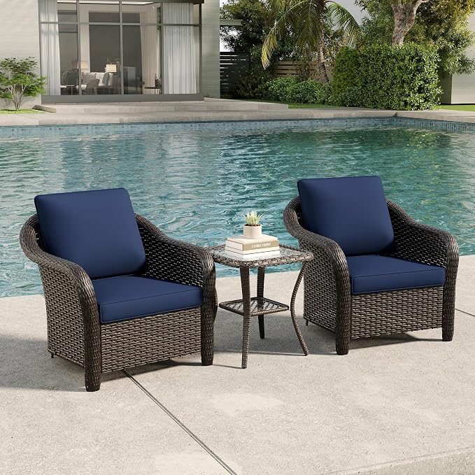 Outdoor Chairs with Side Table, Patio Wicker Chairs, Outside Conversation Furniture Set with Washable Cushions for Sunroom, Gazebo, Poolside (Navy Blue)