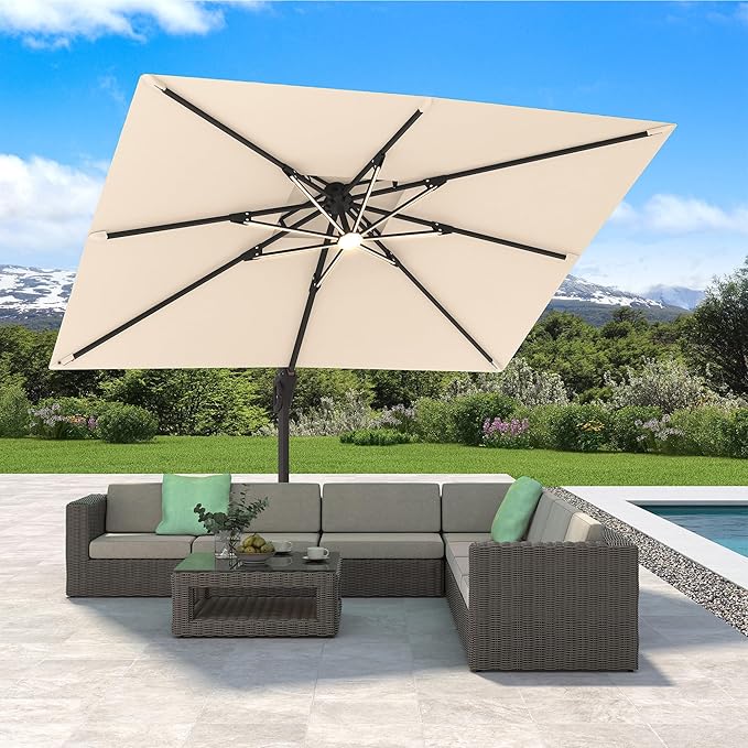 10' X 13' Cantilever Patio Umbrella with Base Included and Led Lights Double Top Rectangular Outdoor Large Offset Umbrellas with 7 Tilts Adjustable 360°Rotation for Deck Pool Garden Backyard, Beige