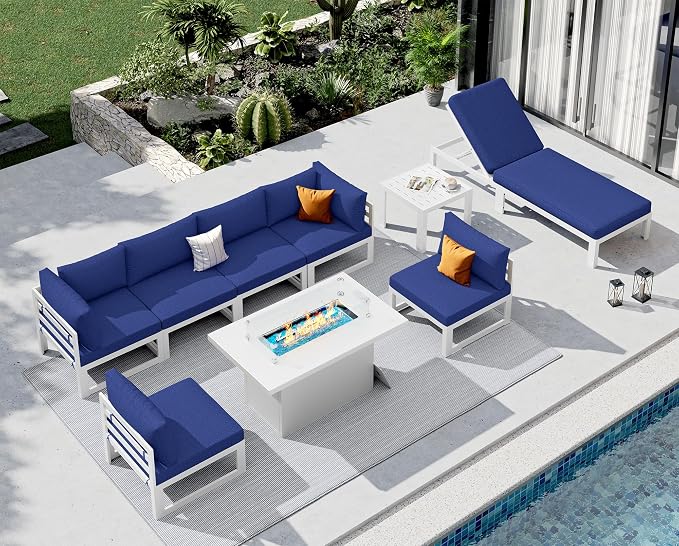 NICESOUL 9 Pcs Aluminum Patio Sectional Furniture Set with Chaise & Fire Pit Table, 500 lbs Heavy Duty Anti-Rust Outdoor Couch, 29" Deep Wide Seat, High End Conversation Sofa for Poolside, Navy Blue