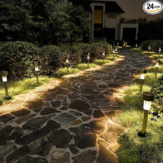 SOLPEX 24 Pack Solar Lights Outdoor, Stainless Steel Solar Pathway Lights | Solar Lights Outdoor Waterproof ,LED Landscape Lighting Walkway for Landscape/ Patio/Lawn/Yard/Driveway-Warm White
