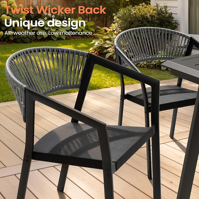 Pellebant Aluminum 13-Piece Outdoor Dining Table Set for 8-12 Person | Patio Stackable Chair with U-Shaped Wicker Backrest, 118" Table with Wood-Grain Top & Umbrella Hole, Aluminum Frame Furniture