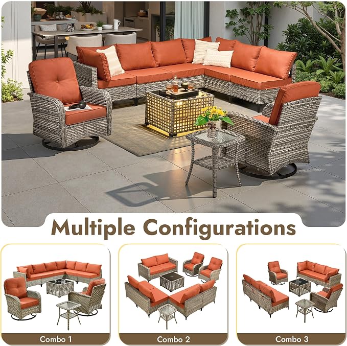 10 Pieces Outdoor Sectional Patio Furniture Set with Swivel Rocking Chairs, Wicker Conversation Sets Rattan L Shaped Couch, Modular Outdoor Sofa for Porch Balcony Backyard, Coarse Stripes Red