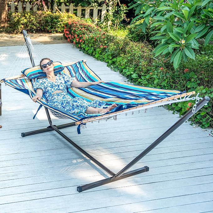 Lazy Daze Hammocks 2 Person Pad with Pillow, Double Polyester Quilted 78" x55" Replacement Hammock Pad for Rope Hammock, Blue Stripes