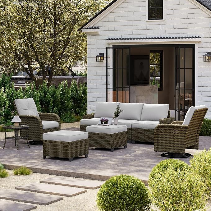 LET'S PATIO Luxury Patio Furniture Set，8 Piece Outdoor Furniture Sectional Set with Swivel Rocker Chairs of 2，All-Weather Patio Sectional Sofas with Thickened Cushions, Grey