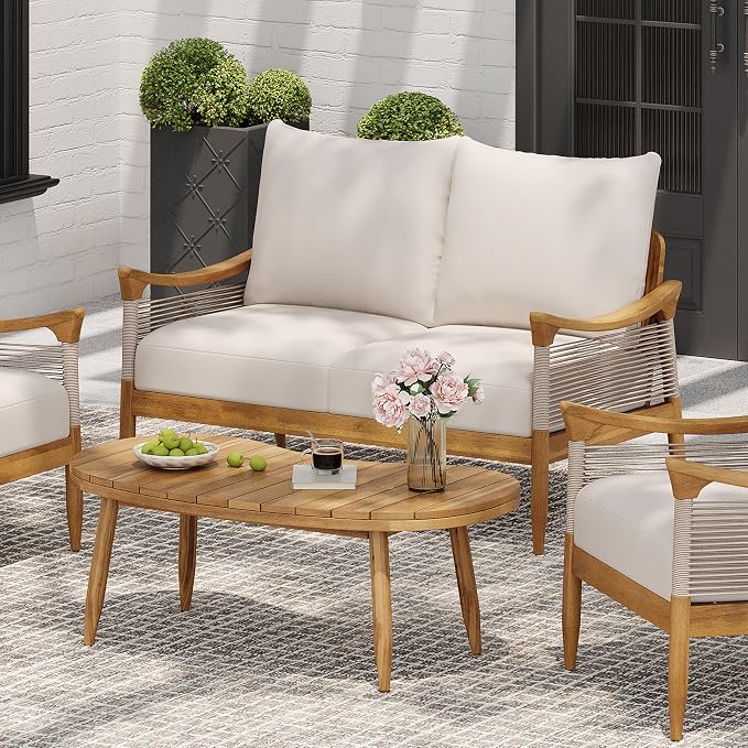 Christopher Knight Home Havets 2 Piece Patio Conversation Sets, Outdoor Acacia Wood Patio Seating Group,Woven Rope Loveseat with Cushions and Coffee Table for Porch Garden Backyard Balcony, Teak+Beige