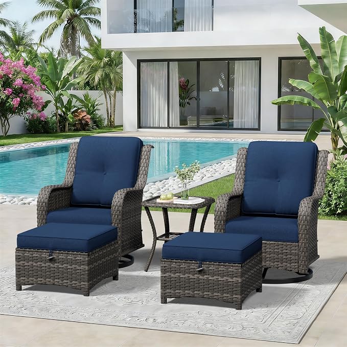 5 Piece Outdoor Wicker Patio Furniture Set, Outdoor Swivel Rocker Patio Chairs Set with Thickened Olefin Cushions, High Back and Deep Seating, Hand-Woven PE Rattan for Porch, Deck