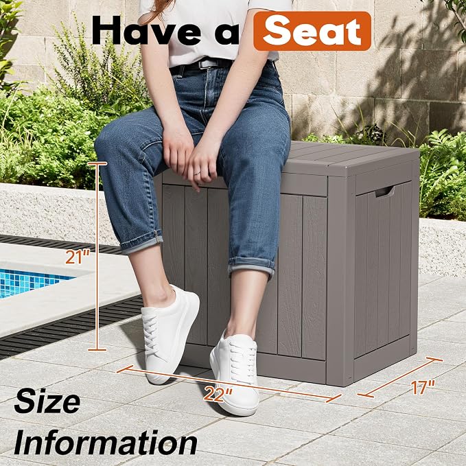 Outdoor Storage Box, Resin Deck Boxes Indoor and outdoor, Waterproof Storage Box Lockable Lid (Grey,35 Gallon)