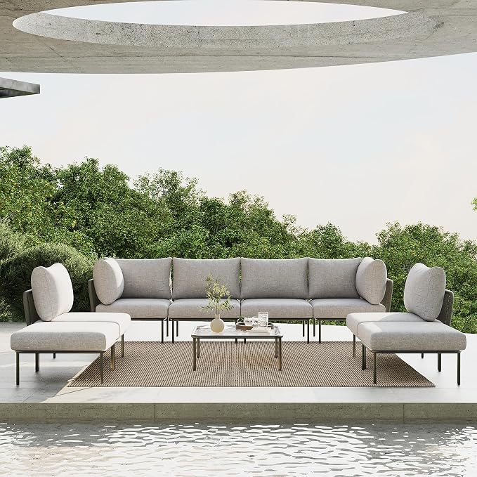 9 Piece Modern Outdoor Rope Wicker Sectional Patio L-Shaped Conversation Sofa Set Deep Seating with Thick Cushions
