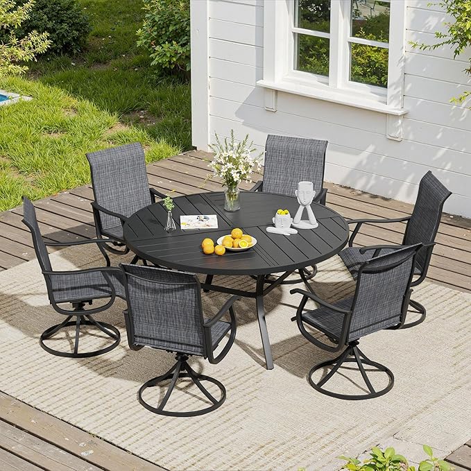 VICLLAX 7 Pieces Patio Dining Set, Patio Furniture Set of 6 Patio Swivel Dining Chairs and 50" Patio Spliced Round Tabletop, Dark Charcoal Chairs & Black Tabletop