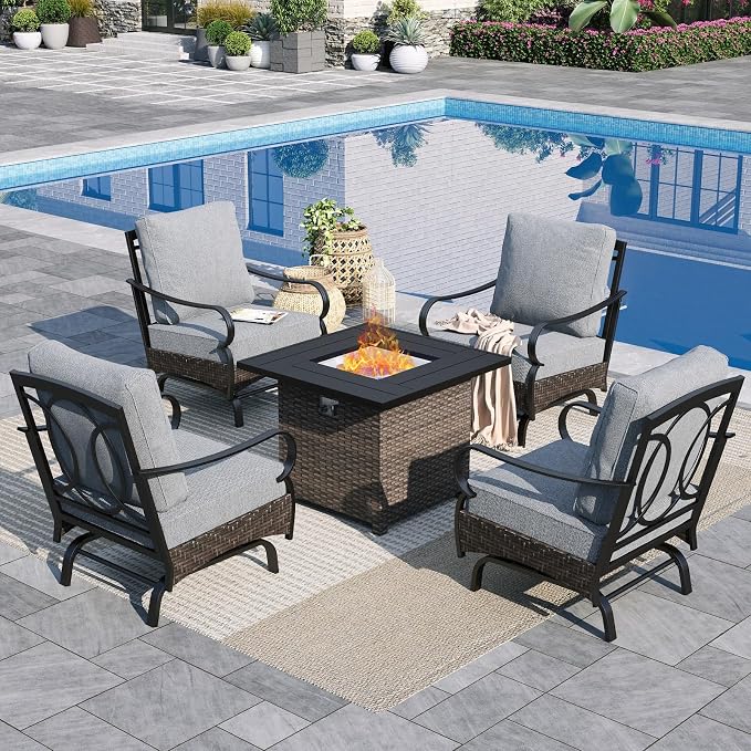 Sophia & William Patio Furniture Set with Fire Pit Table, 5 PCS Metal Outdoor Conversation Set Sofa Couch with Fire Pit Table, 4 Sofa Chairs for Outdoor Seating,Backyard,Porch(Grey)