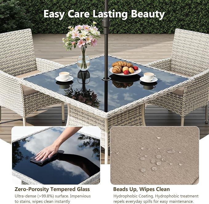 Outdoor Dining Set, 15-Piece Patio Furniture Set with Tempered Glass Table and 12 Cushioned Chairs, Dual-Strand Wicker Rattan, Balcony Furniture for Backyard, Garden, Deck,– Beige
