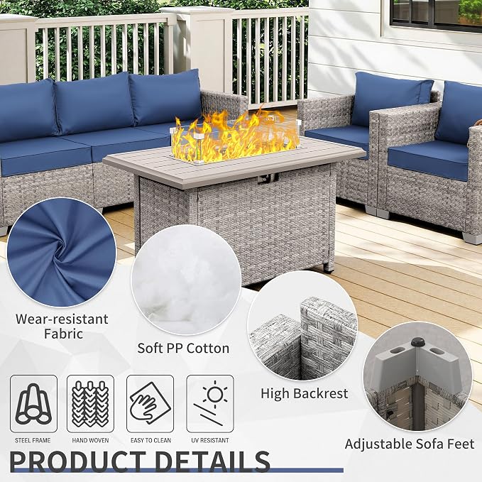 WAROOM Patio Furniture Set 4 Piece Outdoor Wicker Conversation Sets PE Rattan Couch Sectional Sofa with Fire Pit Table, Navy Blue Cushion