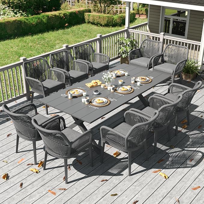 LayinSun Outdoor Dining Set for 10, 11 Pieces Patio Furniture Sets with Aluminum Dining Table and Rope Weave Chairs