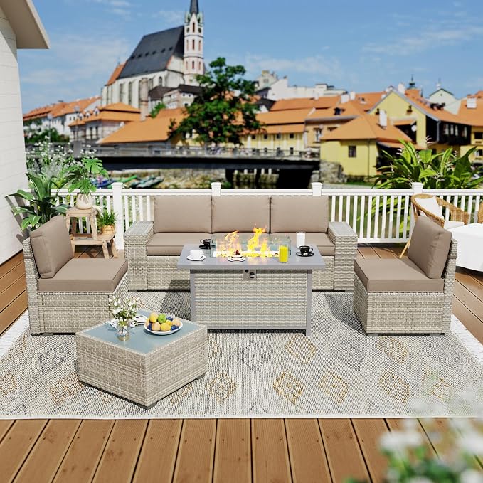 7 Piece Patio Furniture Set, 8" Wide Arm Sectional Sofa Set with 50000 BTU Propane Fire Pit Table & Coffee Table, Rattan Outdoor Conversation Set for Garden, Porch, Lawn, Khaki