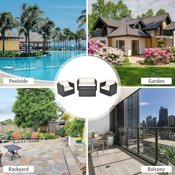COSTWAY 4-Piece Patio Rattan Furniture Set, Cushioned Sofa Chair, Loveseat and Coffee Table with Tempered Glass Top, Outdoor Conversation Sets for Garden Poolside Balcony Porch (White)