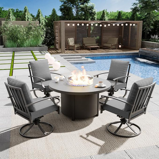 5 Piece Outdoor Dining Set for 6 with 48" Round Propane Fire Pit, Metal Outdoor Table and Chairs with 4 Swivel Chairs and Outdoor Fire Pit, Patio Table and Chairs Set for Patio, Deck, Grey