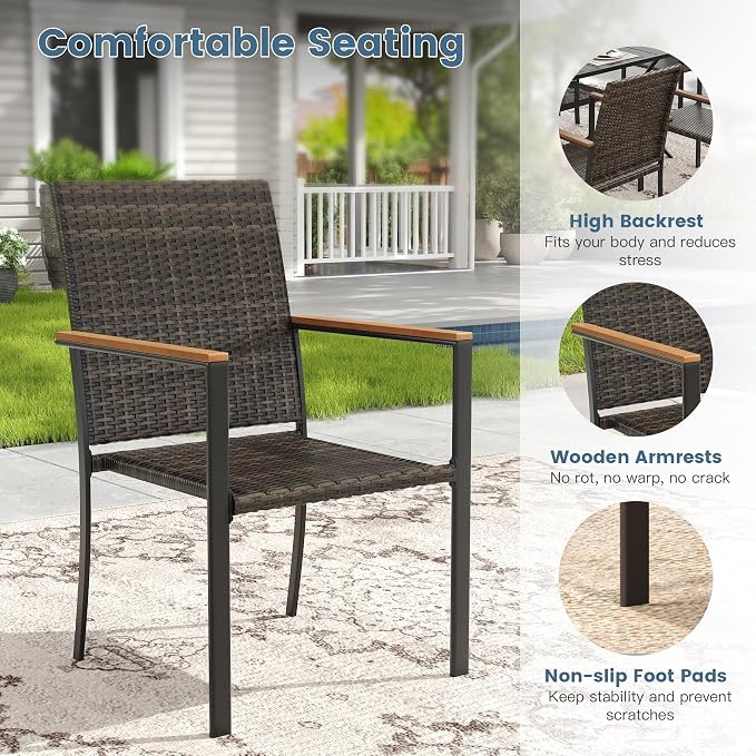 DIFY 5 Piece Patio Dining Set, Metal Outdoor Table and Chairs Set for 4, 40.6" Round Walnut Dining Table with Umbrella Hole & Wicker Stackable Patio Chairs, Patio Furniture Set for Garden Backyard
