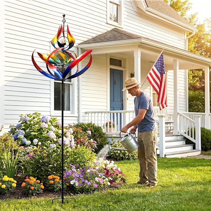 107" Large Solar Wind Spinner Outdoor Metal - 3-Tier Kinetic Wind Sculptures with LED Glass Ball Light, Multi-Color Tulip Windmills for Yard Garden Decor, Patio Porch Lawn Ornament Gardening Gifts