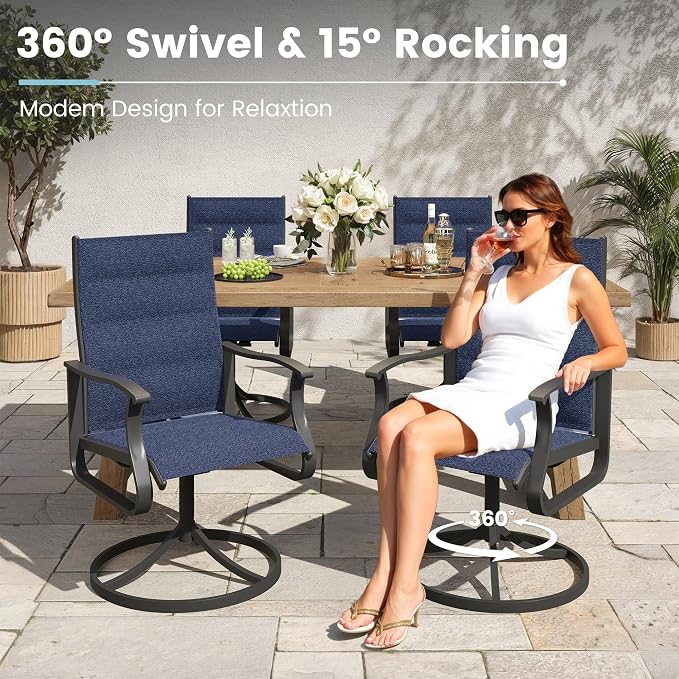 7 Pieces Patio Dining Set, Padded Patio Outdoor Furniture Set of 6 Patio Swivel Dining Chairs and Patio Spliced Rectangular Tabletop with Umbrella Hole, for Deck, Backyard, Poolside & Garden