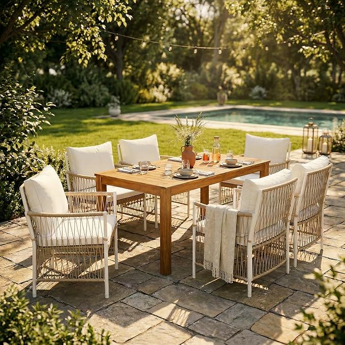 Merax 7 Piece Patio Dining Set, Outdoor Acacia Wood Rectangular Dinning Table with Sturdy Legs and 6 Rattan Arm Chairs w/Cousions & Pillows for Backyard,Balcony, Garden, Poolside, Natural