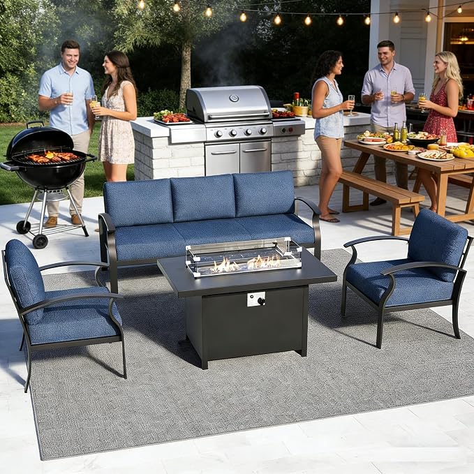 Gotland Aluminum Patio Furniture Set, 4 PCS Metal Outdoor Furniture with 45’’ Fire Pit Table Waterproof 5.1'' Seat Cushions 34.1’’ High Back, Oversized Outdoor Sectional Patio Conversation Sets, Navy