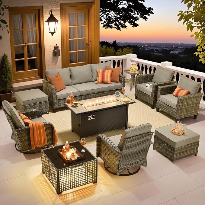 ovios 10 Pieces Patio Furniture Set, Outdoor Wicker Sofa Couch with Swivel Glider Chairs Solar Light Table Fire Pit, Modern Deep Seat Rattan Conversation Sets, Dark Grey