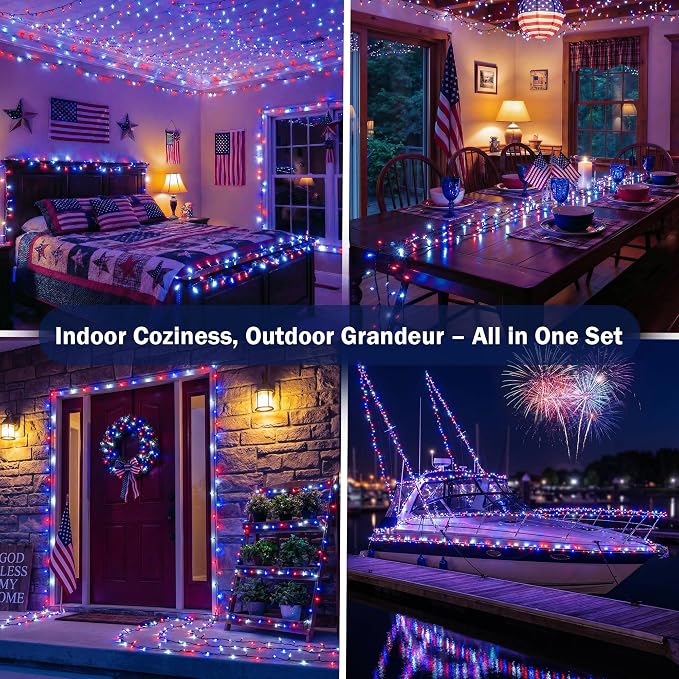 100LED Red White and Blue Lights for 4th of July Decoration, 33Ft Battery String Lights Indoor Outdoor Waterproof, 8 Modes Lights for Independence Day American Flag Holiday