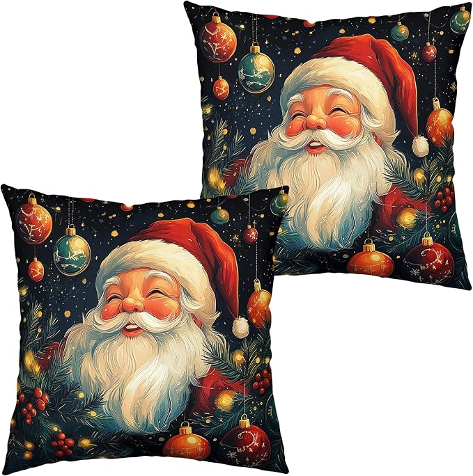 Christmas Santa Pillow Covers Xmas Throw Pillow Covers 22x22 Set of 2 Black Red Holiday Pillowcase Double Sided Printing Cotton Linen Cushion Case for Living Room Sofa Couch