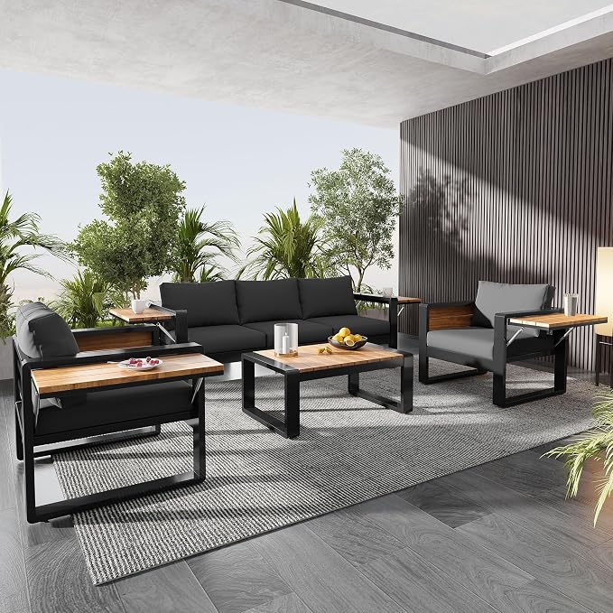 4-Piece Outdoor Patio Furniture Set,Conversation set for 5 Person, 3-Seater Sofa, 2 Armchairs with Fold-Out Side Tables, Aluminum Frame & Plastic-Wood , Modern Garden/Patio Seating, Grey Cushions
