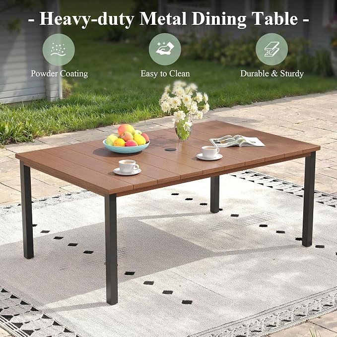 Outdoor Dining Set for 6, 63" Metal Outdoor Dining Table with Umbrella Hole and Sling Patio Swivel Chairs, 7 Pieces Patio Table and Chairs Set for Garden Backyard, Mixed Brown and Walnut