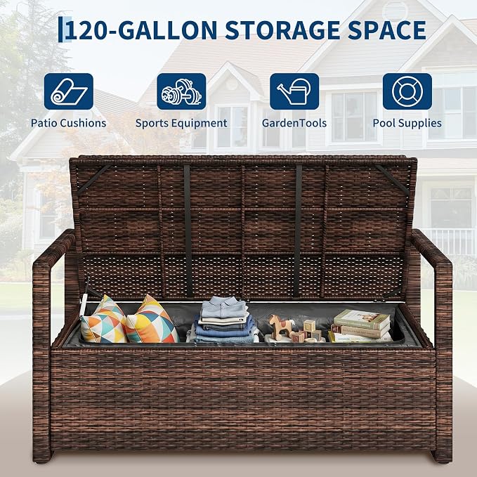 75 Gallon Outdoor Storage Bench with Cushion, 2-Seater PE Rattan Patio Storage Box with Backrest & Armrests, Weatherproof Lockable Deck Box for Garden, Balcony, Porch, Pool, Yard, Dark Brown