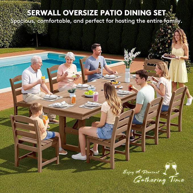 SERWALL Outdoor Armless Dining Chairs Set of 2, All-Weather HDPE Patio Chair with 19.7" Widened Seat, for Backyard, Garden, Brown