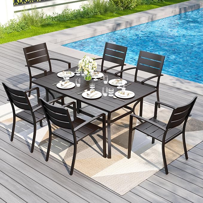 PHI VILLA 7 Pcs Outdoor Dining Set, 60" Rectangle Metal Table, Black | Wrought Iron Table&Stackable Chairs, Modern Outside Furniture for Deck, Yard, Porch