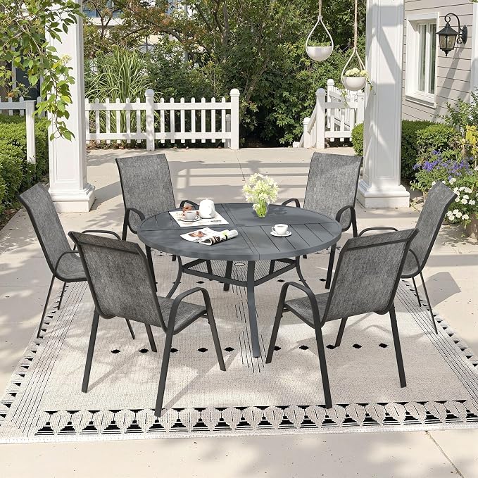 7 Pieces Outdoor Dining Set, 47.3" Spliced Patio Table with Umbrella Hole & Stackable Outdoor Dining Chairs, Patio Furniture Set for Deck Garden Porch, Grey Chairs & Dark Grey Table