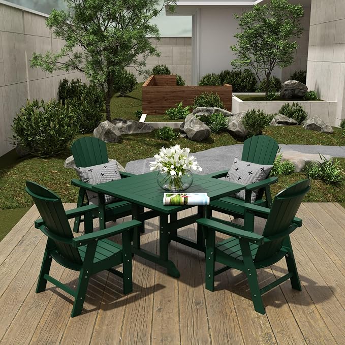 WestinTrends Dylan Adirondack Patio Dining Set for 4, All Weather Poly Lumber Outdoor Table and Chairs Set of 4, 43" Trestle Square Dining Table and Seashell Adirondack Dining Chair, Dark Green