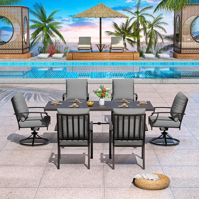 7-Piece Patio Dining Set Outdoor Conversation Set,Metal Outdoor Furniture Set with Umbrella Hole Cut-Out 78.7" x 35.4" Table and 6 Metal Chairs for Backyard,Garden,Grey