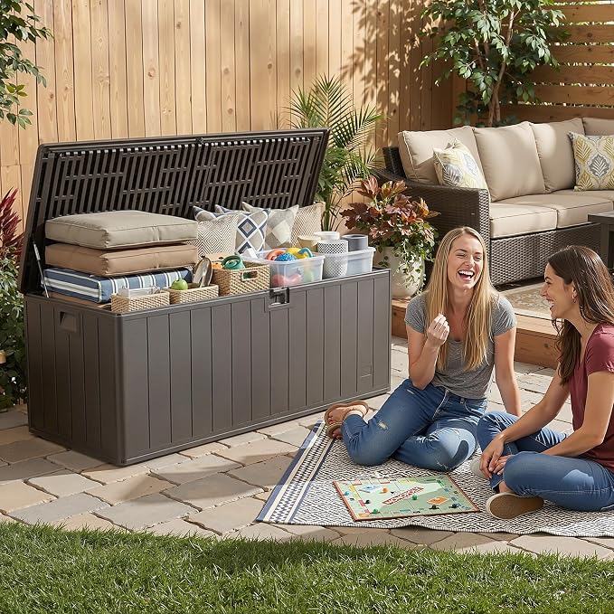 200 Gallon All-Weather Deck Box, Lockable Waterproof Resin Storage with UV Resistance for Patio Furniture, Garden Tools, Pool Accessories (Brown)