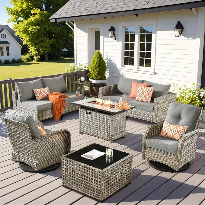 Outdoor Patio Furniture Sets,9 PCS Patio Conversation Set Outside Rattan Sectional Sofa with 42 in Square Fire Pit Table Wicker Rocking Chair Coffee Table Fit Backyard Garden Poolside Balcony