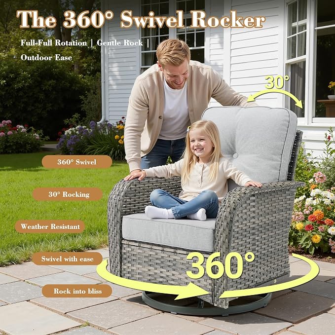 3 Pieces Patio Furniture Set, High Back Outdoor Swivel Rocker Chairs, Wicker Outdoor Furniture with Swivel Rocking Chairs and Side Table for Porch, Backyard, Balcony, Balcony,Grey