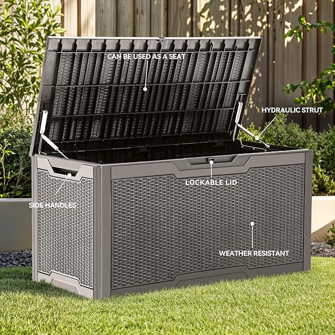 YITAHOME 100 Gallon Large Deck Box, Outdoor Resin Storage Boxes for Patio Furniture, Outdoor Cushions, Garden Tools, Water Resistant and Lockable