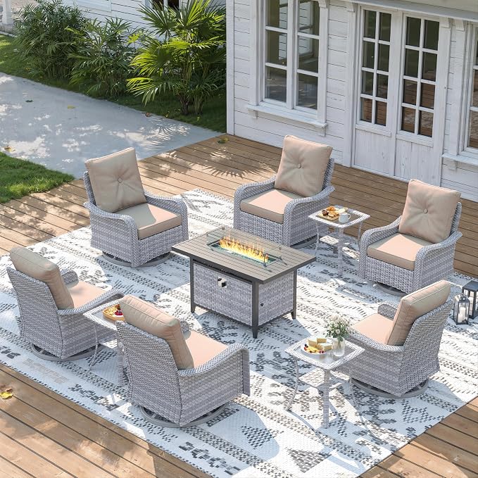 10 Piece Wicker Patio Furniture Set with 55,000 BTU Fire Pit Table, Swivel Rocking Chairs, 4''Cushions, PE Rattan, Wind Guard Glass, for Backyard, Deck or Balcony, Beige