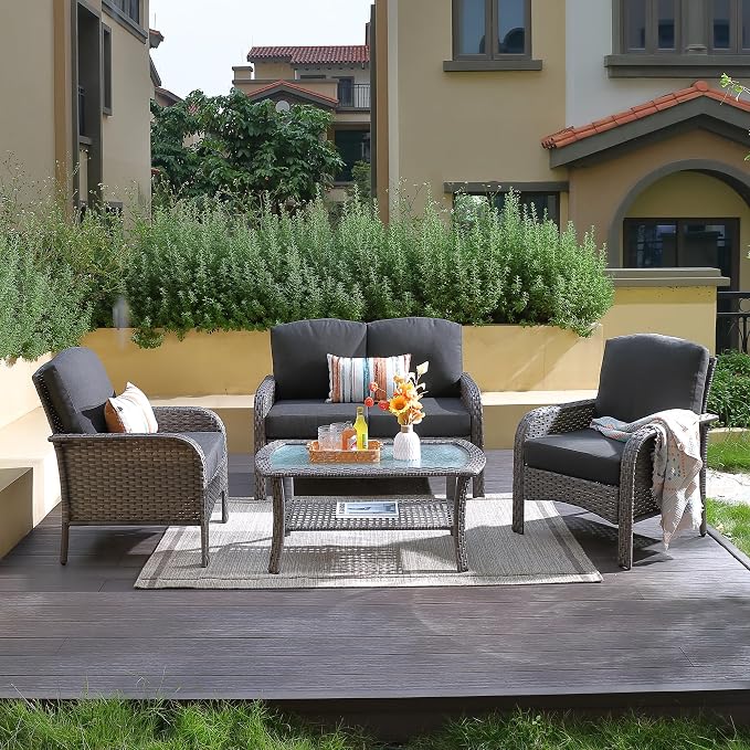 CAODOC 4-Piece Wicker Patio Furniture Set, All-Weather Rattan Conversation Bistro Loveseat Chair and Table Set for Backyard, Balcony and Deck with Soft Cushions and Metal Table(Black)