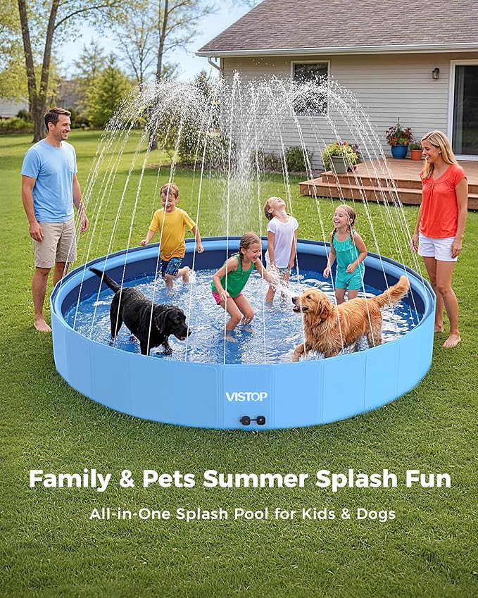 VISTOP 97" Foldable Dog Pool with Sprinkler, Large Hard Shell Pet Swimming Pool, Non-Slip Collapsible Kiddie Pool for Backyard Outdoor Summer Water Play