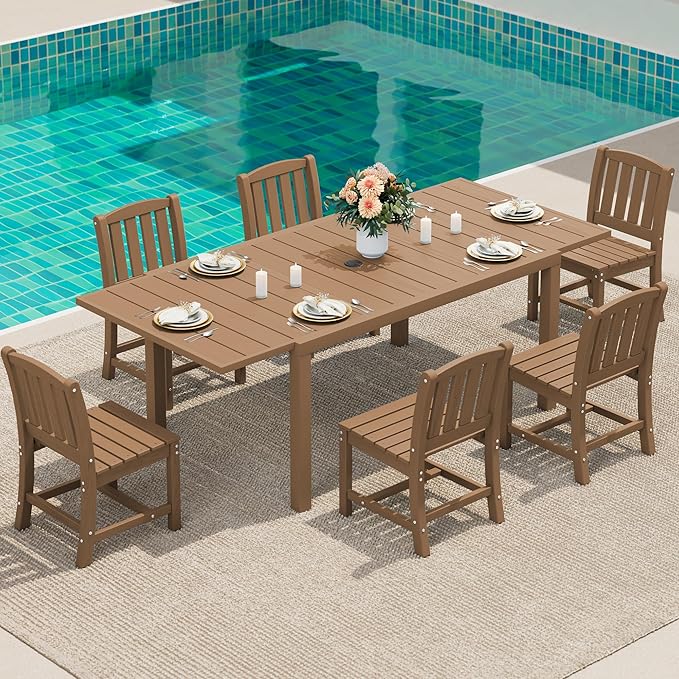 SERWALL 7-Piece Outdoor Dining Set, 60" - 83" Expandable Outdoor Dining Table and 6 HDPE Chairs, All Weather HDPE Outdoor Furniture Set for Backyard, Garden, Brown