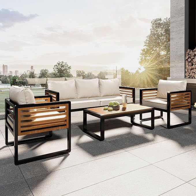 SOFTSEA 4-Piece Outdoor Patio Furniture Set, Acacia Wood Patio Conversation Set with Coffee Table, All-Weather Patio Sofa Set with Thick Cushions & Sturdy Metal Legs for Backyard Garden Balcony, Beige