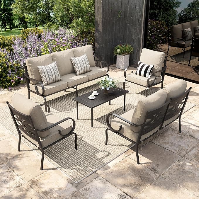 Sophia & William Patio Conversation Set for 7, a Loveseat, 3-Seater Sofa, 2 Fixed Chairs and a Coffee Table, Metal Outdoor Furniture Set with 5.75" Extra Thick Cushions, Beige
